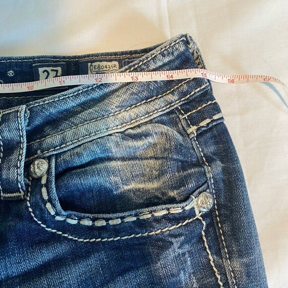 Miss Me jeans sz 27 distressed skinny whiskered embroidered cross rhinestones - Picture 8 of 10